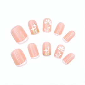RUOKEXIN Short Press on Nails Square Fake Nails with Glue French White Tip Acrylic False Nails with Flower Designs Gold Glitter Artificial Fake Fingernails Spring Glossy Stick on Nails for Women 24Pcs
