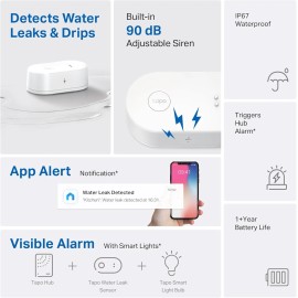 Tapo TP-Link Tapo Smart Water Leak Detector, Requires Hub, White