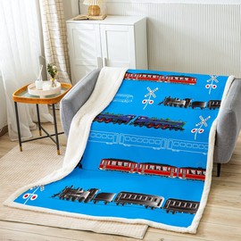 Train Kids Boys Sherpa Blanket Retro Steam Engine Toddler Fleece Throw Blanket for Teens Railway Track Transport Fuzzy Blanket for Sofa Bed Red Blue Black,Single 50x60 Inch