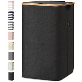 BALEINE Laundry Hamper with Lid, Tall Laundry Baskets with Bamboo Pull Handles, Large Laundry Bin with Internal Support (18 Gal/70L, Black)