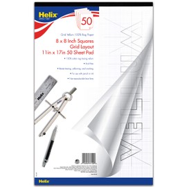 Helix Vellum Paper Pad, 100% Rag, 8 x 8 Grid, 11 x 17 inch, 50 Sheets (37102)