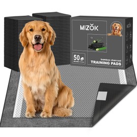MIZOK Large Dog Pee Pads 28”×30” Charcoal, 50 Count, Puppy Pads Superior Odor-Control Potty Pads for Dogs with Adhesive Tabs Super Absorbent Activated Carbon Leak-Proof Disposable, Black