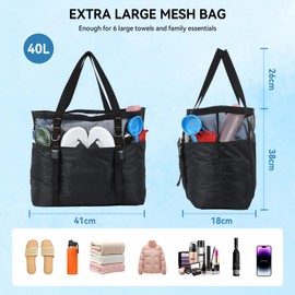 Cozary Beach Bag with Zip - Large Design - Waterproof Swimming Bag Beach Bag with Multiple Compartments, Travel Bag Beach Tote Bag Shopper Women for Holidays and Beach - Black, black, Contemporary