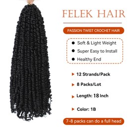 Felek Passion Twist Crochet Hair 6-24inch 8 Packs Pre Looped Twist Crochet Hair For Black Women Natural Soft Pre Twisted Passion Twist Crochet Hair (1B, 18inch)