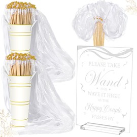Reallnaive 103 Pcs Lace Ribbon Wedding Wand with Gold Bells Set Include 100 Wedding Streamers White Ribbon Sticks 1 Acrylic Send Off Sign with Stand 2 Galvanized Metal Buckets for Wedding Send Off