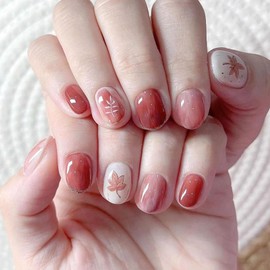 Autumn Press on Nails Short Square Fake Nails Silver Glitter French Tip Nails Press ons Glossy Glue on Nails Red Gradient False Nails with Maple Leaves Design Artificial Stick on Nails for Women 24Pcs