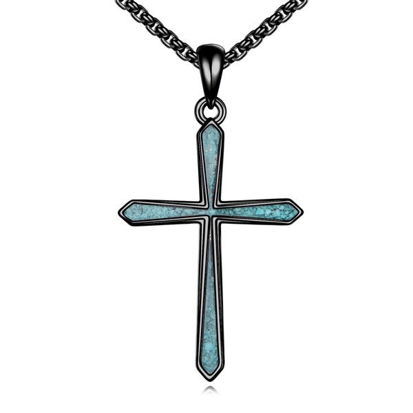 POPLYKE Black Turquoise Cross Necklace for Women 925 Sterling Silver