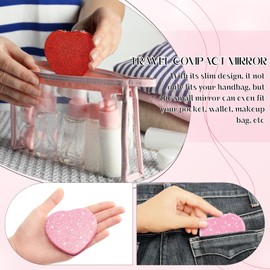 Briwooody 4 Pcs Compact Folding Mirror Mini Vanity Mirror Double Sided Cute Glitter Cosmetic Mirror Heart Shaped Portable Travel Magnifying Makeup Mirror for Women Home Valentine's Day(Red, Pink)