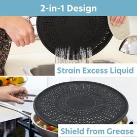 Silicone Splatter Screen Shield (2 Pack)- Multi Use XL 11.5" Oil Grease Shield Guard w Built In Water Strainer - Foldable Handle for Compact Easy Storage- Fits Most Kitchen Frying Pans, Heat Resistant