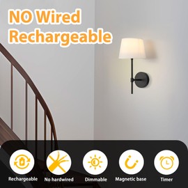 PASSICA DECOR Battery Operated Wall Sconces Set of Two, Wireless Wall Lights for Bedroom, Dimmable Wall Lamps with Rechargeable LED Bulbs and Remote Control, No Wiring Required