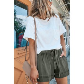 ANFTFH Womens Summer Beach Casual Solid Elastic Waist Loose Comfy Cotton Linen Shorts with Pocket Sage Green S