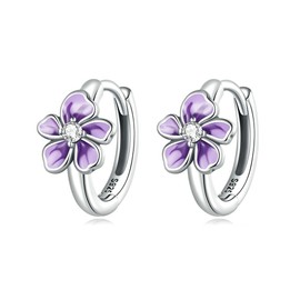 Dainty Purple Flower Small Hoop Earrings 925 Sterling Silver Cubic Zirconia Crystal Little Flowers Cartilage Huggie Hoops Hinged Cuff Earring Fashion jewelry Gifts for Women Girls