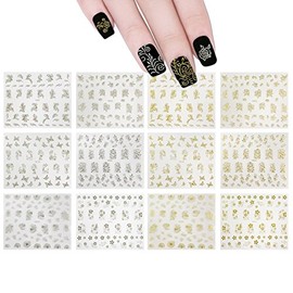 ALLYDREW 12 Sheets Gold Foil Vines & Floral Nail Stickers & Silver Foil Vines & Floral Nail Stickers Nail Wraps 3D Nail Art