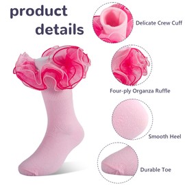 MKYSZLT Toddler Girls Ruffle Socks Girl Black Lace Frilly Dress Socks Turn Cuff Sock with Big Ruffles for Baby Little Kids (US, Age, 8 Years, 10 Years, 3 pairs - sky blue,pink,ivory)