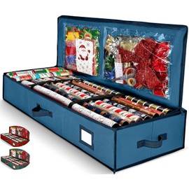 HOMIOR Gift Wrap Organizer, Christmas Wrapping Paper Storage Bag w/Useful Pockets for Xmas Accessories, Fits Upto 24 Rolls, Underbed Storage for Holiday Decorations, Large Capacity Storage Box