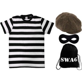 I LOVE FANCY DRESS KIDS BURGLAR COSTUME - SMALL - BOYS AND GIRLS ROBBER OUTFIT WITH BURGLAR SWAG BAG + BURGLAR-MASK + CAP + TSHIRT