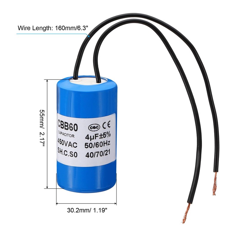 PATIKIL 4uf CBB60 Run Capacitor,1Pcs AC 450V 2 Wires 50/60Hz