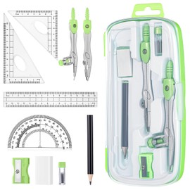 Zonon Math Geometry Set 10 Pcs Student Supplies with Shatterproof Storage Box, Includes Rulers Protractor Compass Pencil Sharpener Lead Refills Eraser Pencil for Drafting and Drawings(Green)