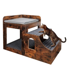 Pet Bunk Bed for Cats, Multi-Level Pet Window Perch Seat Platform with Removable Stairs and Mats for Cats and Dogs, Pet Bed Couch with Drawers for Bedside, Home, Indoor Use, Brown