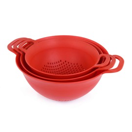 Mintra Home Plastic Strainer Colanders Set: 3, 3.5 and 5 Quart (Red) Double Strong Handles and Deep Bowl, Safe BPA-Free - Use for Pasta, Noodles, Spaghetti, Vegetables (Assorted Sizes 3pk)