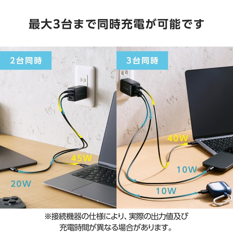 Elecom MPA-AC10367BK Charger, 67 W, 3 Ports, USB-C x 2,