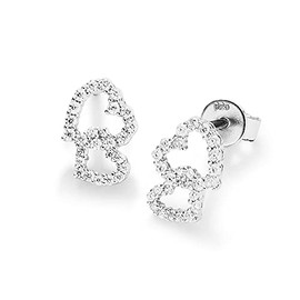 Smart Jewel Double Heart Stud Earrings, Zirconia Stones, 925 Silver, One Size 925 Sterling Silver, Sterling Silver