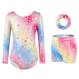 Gymnastics Leotards for Girls - Three-Piece Set with Sparkling Gradient Design, Long Sleeve Leotard, Shorts & Hairband for Ballet & Dance (Rainbow, Tag 6A(5-6 Years))