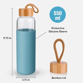 Lily's Home Borosilicate Glass Water Bottles Set of 2 - Glass Water Bottle Set. 18 oz Glass Bottles with Lids (Bamboo, Leakproof Seal), BPA Free, Silicone Sleeves to Avoid Drops & Bumps