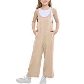 Rolanko Girls' Spaghetti Sleeveless Jumpsuit, Loose Fit, Cotton, Summer Leisure Suit, Jumpsuit for Ages 5-12 Years, khaki
