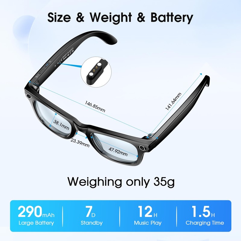 Tulbeys Smart Recording Glasses - 8MP Camera, AI Translation, Bluetooth
