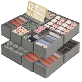 Goodpick Drawer Organizer Clothes, 12 Pack Underwear Organizer Dividers for Clothing, 100 Cell Foldable Fabric Closet Organizers and Storage Bins for Clothes, Socks,Grey