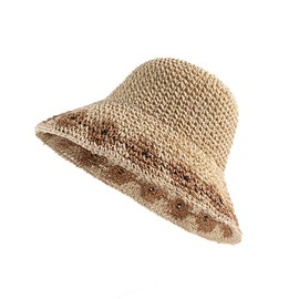 Women Beige Summer Soft Straw Hat Small Flower Woven Basin Hats Vacation Beach Hat Foldable Sunshade Hat Cap