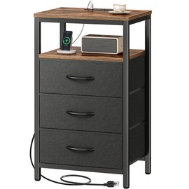 Huuger Nightstand with Charging Station, 27.6 Inch End Table Bedside Table with USB Ports and Outlets, Fabric Drawers, Night Stand for Bedroom, Rustic Brown and Black