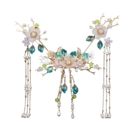 5 Pcs Flower Tassels Hairpin, Chinese Hair Pins Flower Pins for Hair, Chinese Hanfu Hairpin Rhinestone Pearl Clips Headpiece, Retro Hanfu Wedding Brides Updo Long Hair Accessories (Two Geese)