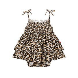 EASWEET Bamboo Viscose Baby Girl Romper Dress Sleeveless Smocked Baby Girl Summer Outfit Multi-Layer Infant Dress, Leopard Tan, 12-18 Months