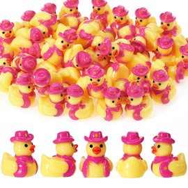 GGSTDDUP 50 Pcs Mini Resin Cowboy Ducks, Miniature Western Duckies Figurine, Tiny Yellow Duck with Cowboy Hat, Mini Figures to Hide for DIY Decor Western Cowboy Birthday Party Favor Gift (Pink)