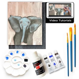 Painting4Real DIY Painting Class Kit for Adults with Video Tutorials: Learn to Paint Baby Elephant – How to Paint with Acrylics – Painting & Art Supplies – 9 Piece Acrylic Paint Set