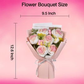 JYCASC Crochet Flower Bouquet with String Light, 6 Handmade Crochet Roses Pink Flower Bouquet, Knitted Bouquet, Fake Flower for Women's Day, Perfect for Holidays Anniversaries Weddings