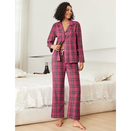 Ekouaer Pajamas Set for Womens 2 Piece Cotton Plaid Pjs Long Sleeve Sleepwear Soft Button Down Loungewear with Pockets