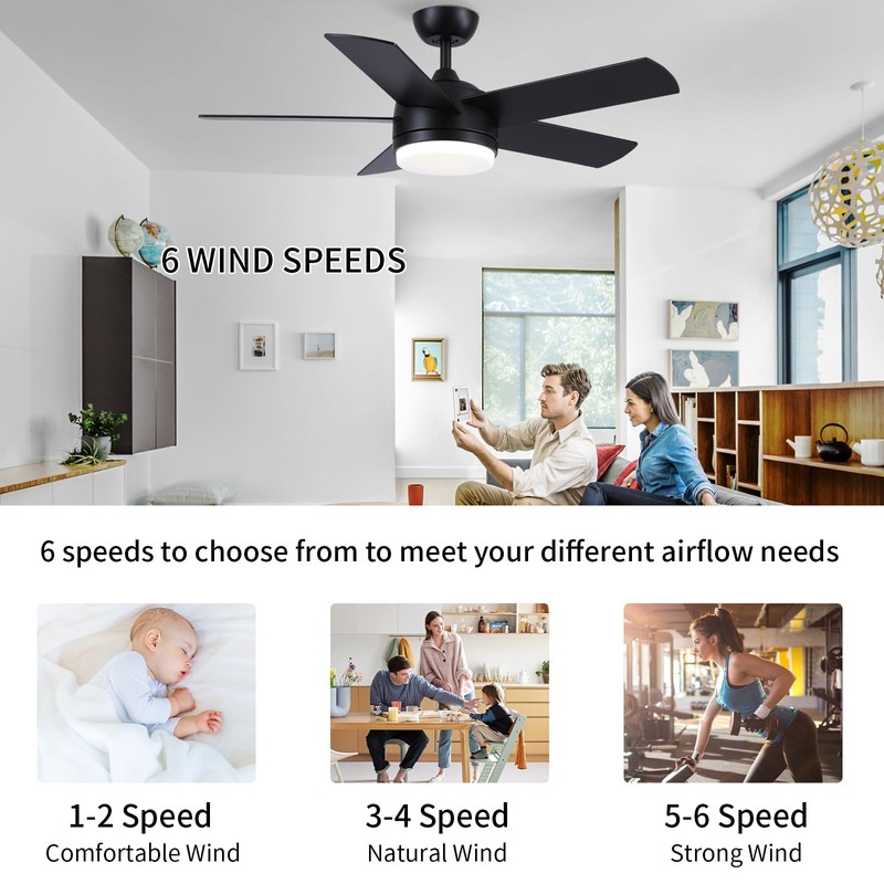 YUHAO 44 inch Black Ceiling Fan with Lights and Remote