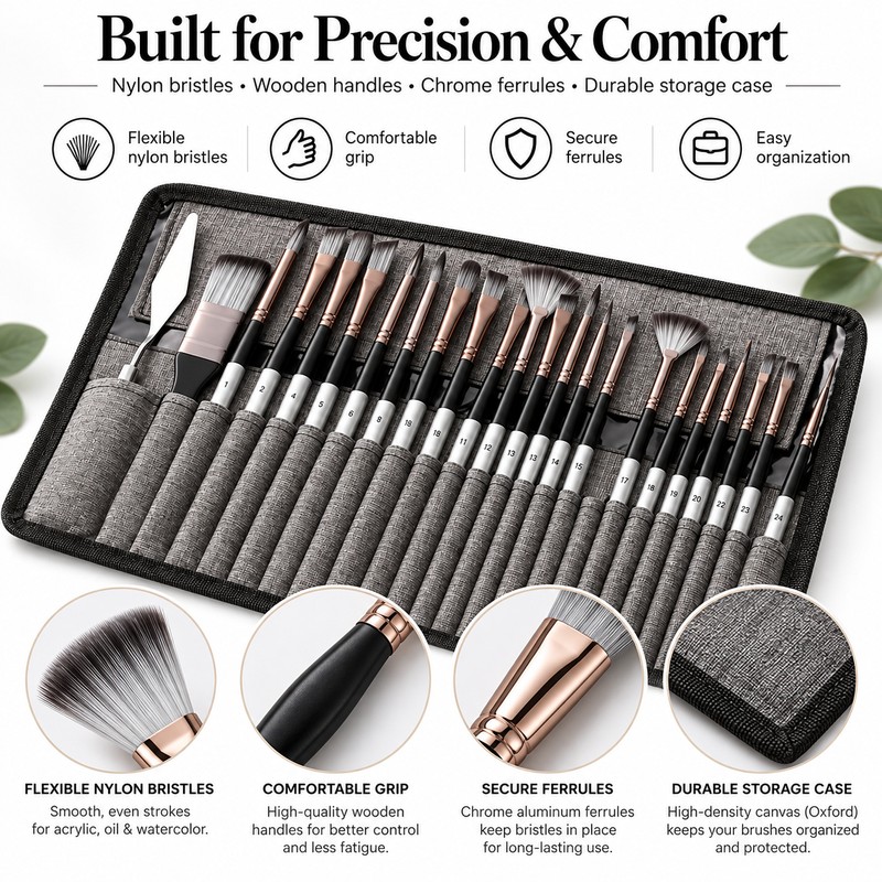 24-Brush Artist Paint Brush Set with Palette Knife & Storage