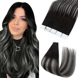 Elailite 20 Pcs Tape Hair Extensions Blonde 100% Real Remy Human Hair Straight - Seamless Skin Weft Balayage (#Ombre 1B/1B/GREY Natural Black/Natural Black Mix Grey, 18 Inch-50g)