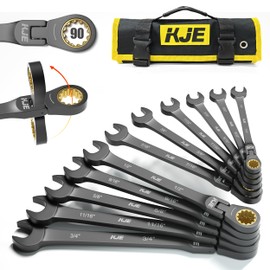 KJE 90-Teeth SAE 180° Flex-Head Ratcheting Wrench Set, Cr-V Steel, 11-Piece SAE 1/4"-3/4" Combination Wrenches set, Nickel Plating, with Organizer Bag, for Auto, Machine Repair, Father's Day Gift