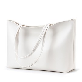KALIDI Tote Bag, Shoulder Bag, Large Capacity, Women's, Men's, Large Size, Eco Leather, Synthetic Leather, Simple, Plain, A4, Horizontal, Unisex, Business, Interior Pockets, Zipper Included (White),
