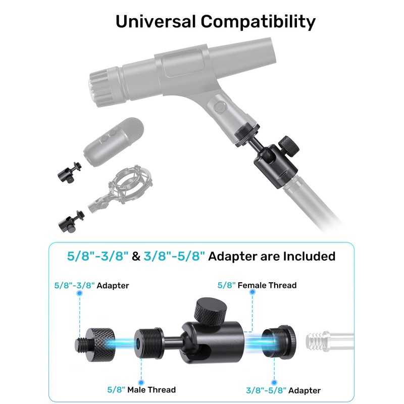 Etour Ball-and-Socket Head Microphone Adapter, 360° Swivel & 90° Tilt