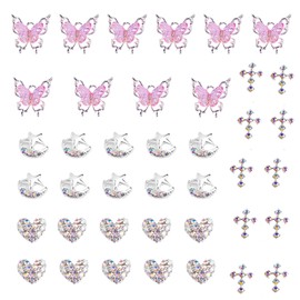 Y2K Nail Charms for Nail Techs – 40pcs Iridescent Butterfly, Star Moon, Cross & Heart 3D Aurora AB Rhinestone Nail Art Decorations – Silver Metallic Charms for Acrylic & Gel Nails