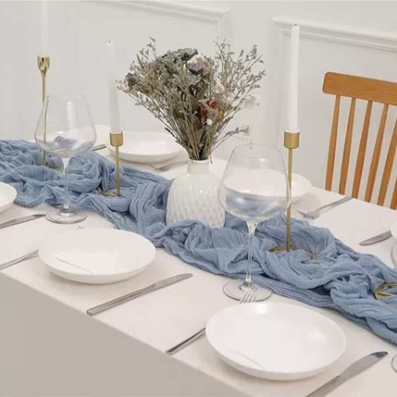 Blue Bohemian Style Table Runner, Polyester Table Cloth, Wrinkle Gauze,