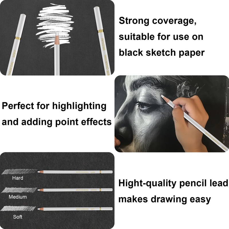 White Charcoal Pencils, Pack of 12 Charcoal Drawing Pencils, Charcoal