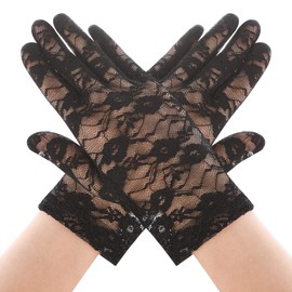 Yolev Women's Lace Gloves Short Floral Mesh Gloves Bridal Wedding Gloves for Opera Dinner Tea Party Funeral (Black), black