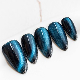 Sun&Beam Nails Handmade Nail Tip, Medium, Long, Almond, False Nails, Blue, Black, Glitter, Popular, 3D, Fashionable, Cute Design, 10 Pieces (#12 Magnet, Blue, S)
